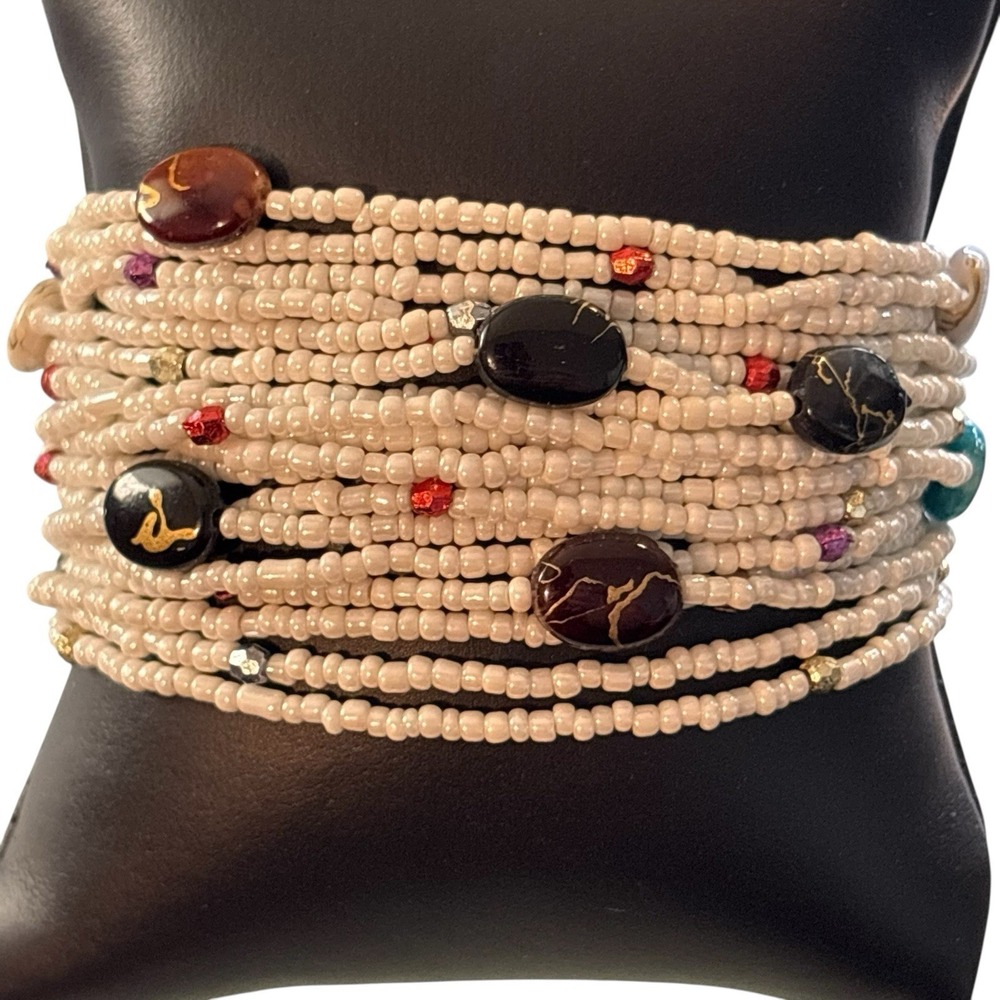 Bohemian‎ Bracelet White Seed Bead Multi Strand Ethnic Crochet Toggle Button - Picture 9 of 16